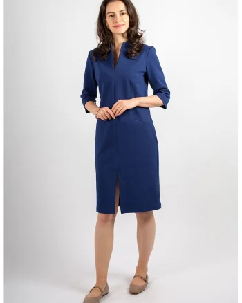 Rochie cu maneci medii si buzunare, Albastru inchis