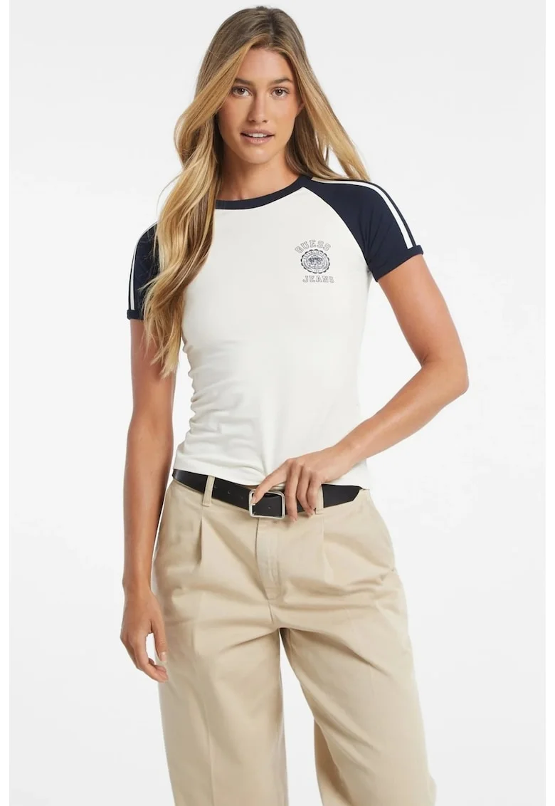 Tricou slim fit cu maneci raglan contrastante, Alb