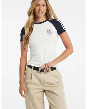 Tricou slim fit cu maneci raglan contrastante, Alb
