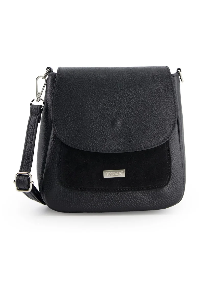Geanta messenger  din piele naturala,19x20x7cm, cu 1 buzunar interior si 2 exterioare, curea detasabila, Negru