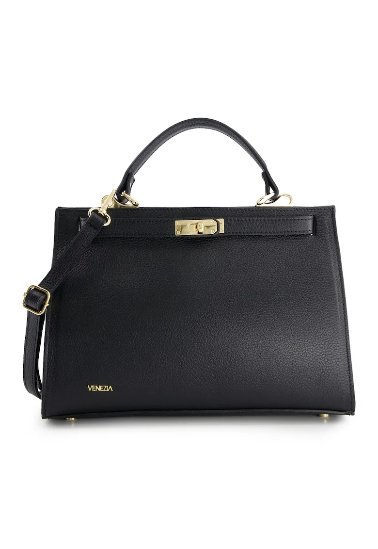 Geanta de dama  Bucket din piele naturala, neagra, 31x22x13cm, cu manere de 30cm si curea detasabila de max. 120cm., Negru