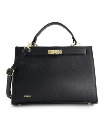 Geanta de dama  Bucket din piele naturala, neagra, 31x22x13cm, cu manere de 30cm si curea detasabila de max. 120cm., Negru