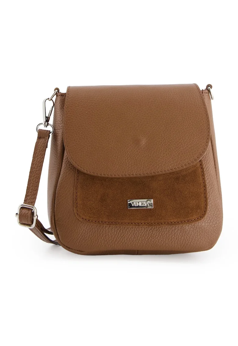 Geanta messenger  din piele naturala,19x20x7cm, cu 1 buzunar interior si 2 exterioare, curea detasabila, Maro