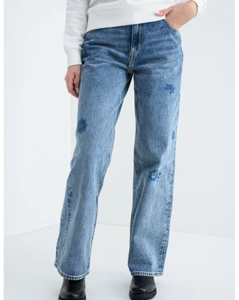 Blugi relaxed fit cu broderie Gamala, Albastru melange
