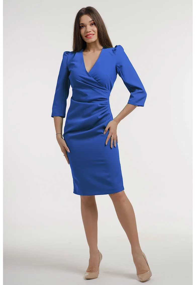 Rochie midi cambrata cu deoclteu in V, Albastru