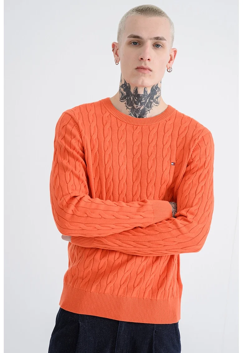 Pulover din bumbac organic cu model torsade, Portocaliu