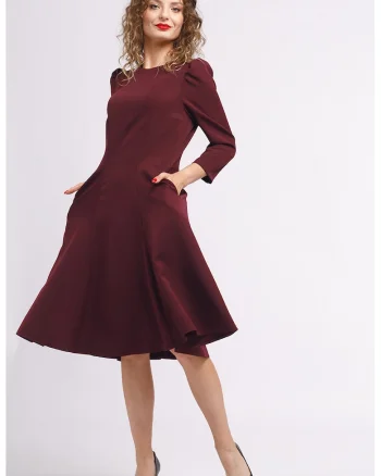Rochie midi plisata cu buzunare laterale, Visiniu