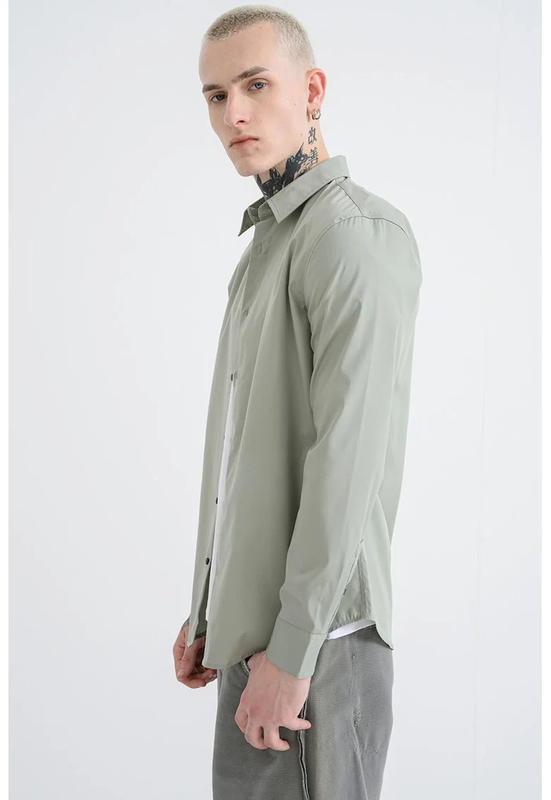 Camasa din amestec de bumbac cu model uni si guler ascutit, Verde fistic