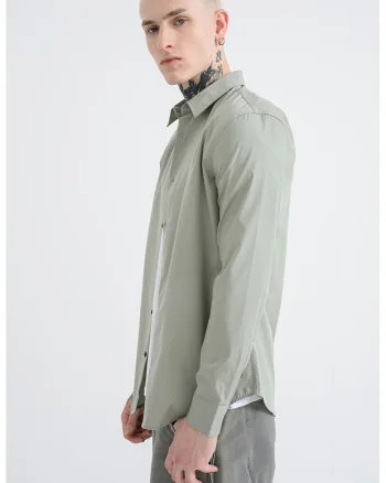 Camasa din amestec de bumbac cu model uni si guler ascutit, Verde fistic