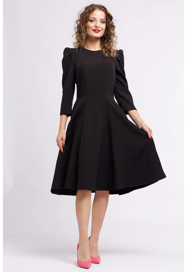 Rochie midi plisata cu buzunare laterale, Negru