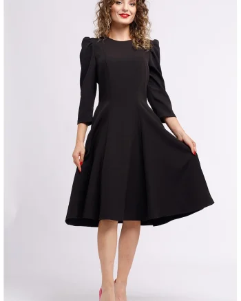 Rochie midi plisata cu buzunare laterale, Negru