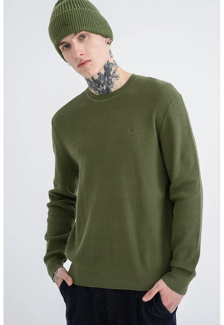 Pulover texturat cu decolteu la baza gatului, Verde
