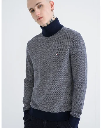 Pulover din amestec de casmir cu model herringbone, Alb/Bleumarin