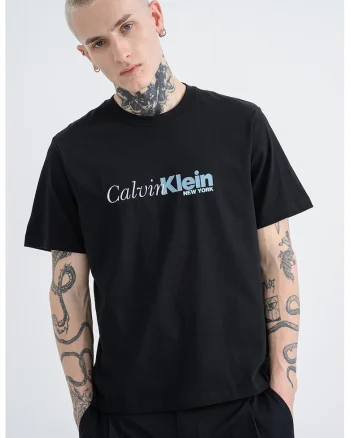 Tricou relaxed fit cu imprimeu logo pe piept, Negru/Albastru deschis