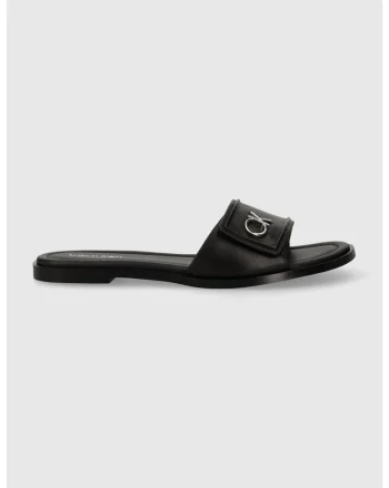 Papuci dama din piele cu logo Flat Slide Relock, Negru