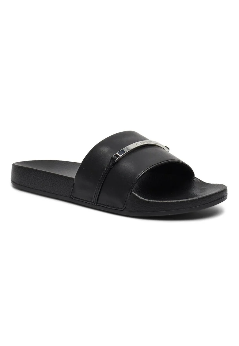 Papuci din piele ecologica cu decoratiune metalica, Negru