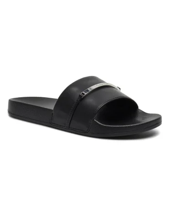 Papuci din piele ecologica cu decoratiune metalica, Negru