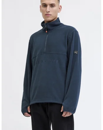 Bluza de trening cu fermoar si imprimeu logo, Albastru petrol