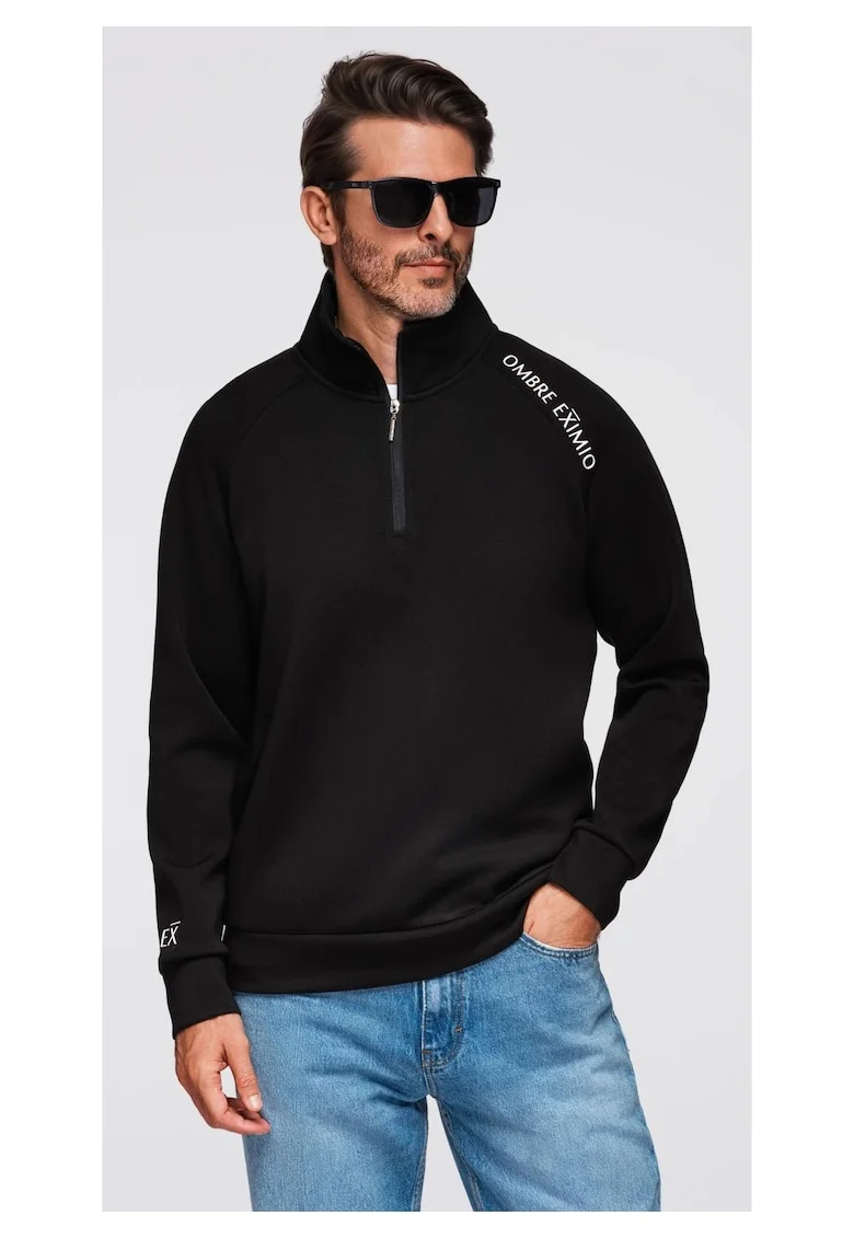 Bluza cu guler inalt cu fermoar si imprimeu contrastant  OM-SSZP-0211, Negru