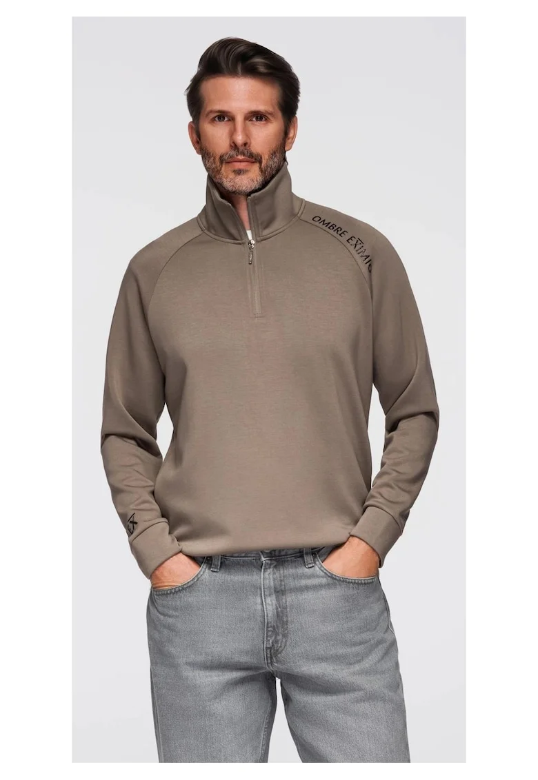 Bluza cu guler inalt cu fermoar si imprimeu contrastant  OM-SSZP-0211, Maro