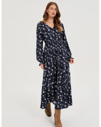 Rochie din vascoza cu flori navy, Bleumarin