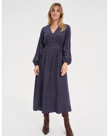 Rochie midi cu maneci bufante bleu marin, Bleumarin