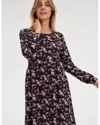 Rochie midi cu imprimeu floral negru, Negru