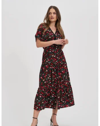 Rochie midi neagra cu flori, Negru