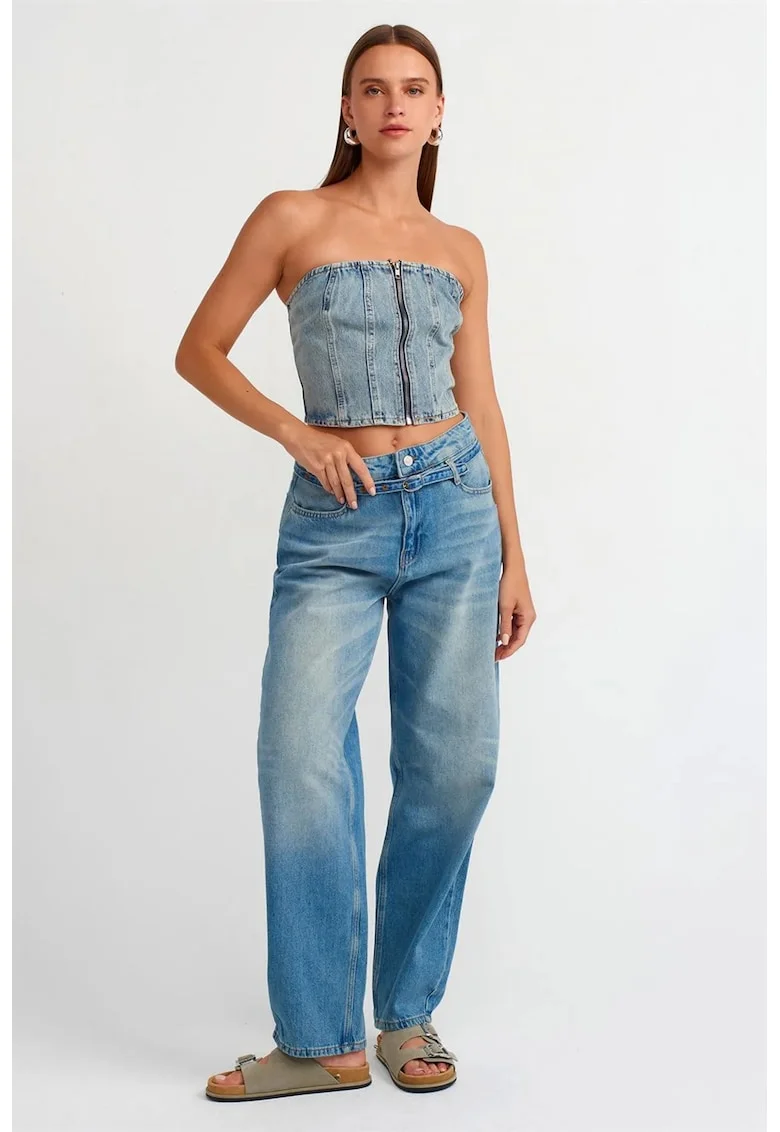 Blugi dama,  talie inalta, croiala balon, picior larg, denim albastru deschis-mediu