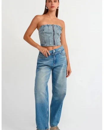 Blugi dama,  talie inalta, croiala balon, picior larg, denim albastru deschis-mediu