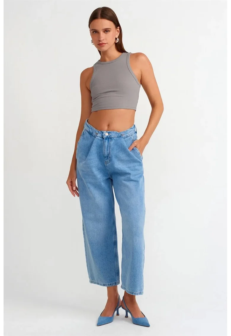 Blugi dama,  Capri High-Waist Balloon, Denim albastru deschis-mediu, 100% bumbac