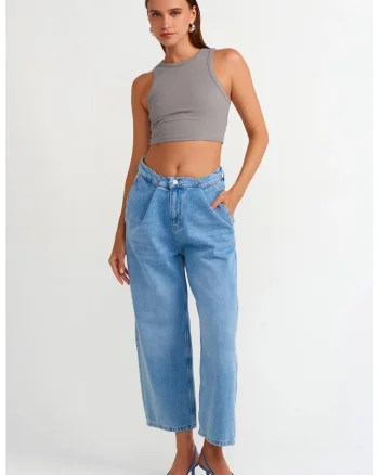 Blugi dama,  Capri High-Waist Balloon, Denim albastru deschis-mediu, 100% bumbac