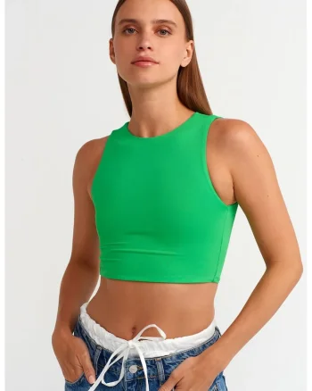 Tricou dama,  Slim Fit Crop Top, elastic, verde, 93% nailon, 7% elastan,