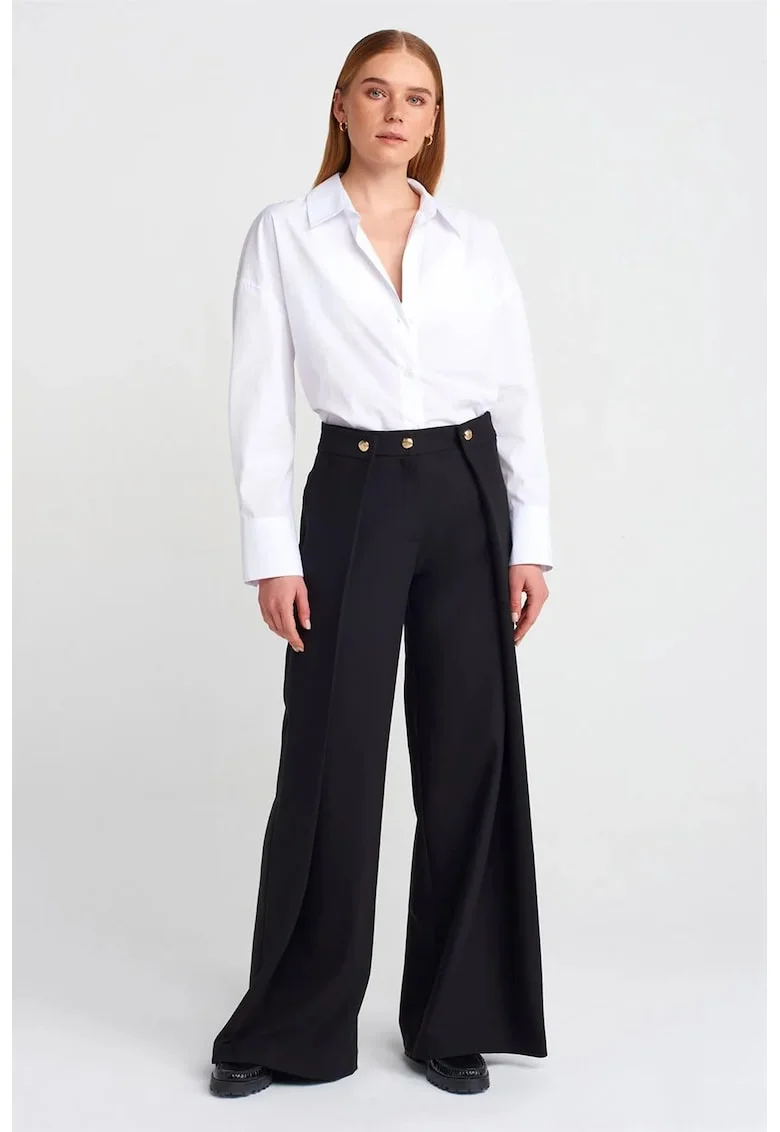 Pantaloni dama,  talie inalta, croiala larga, negru, crep,