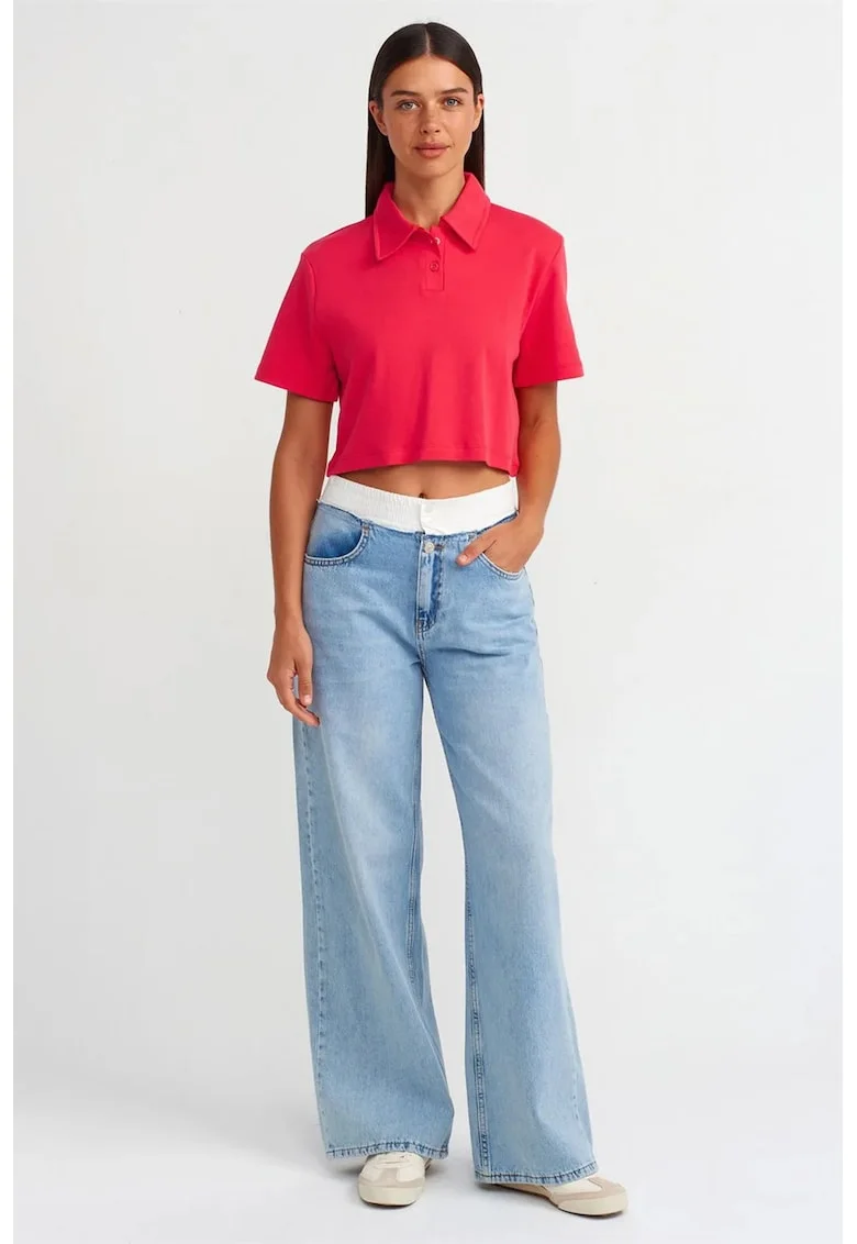 Blugi dama  talie inalta, croiala larga, denim albastru deschis-mediu 100% bumbac