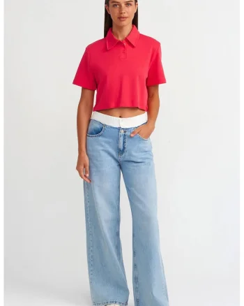 Blugi dama  talie inalta, croiala larga, denim albastru deschis-mediu 100% bumbac