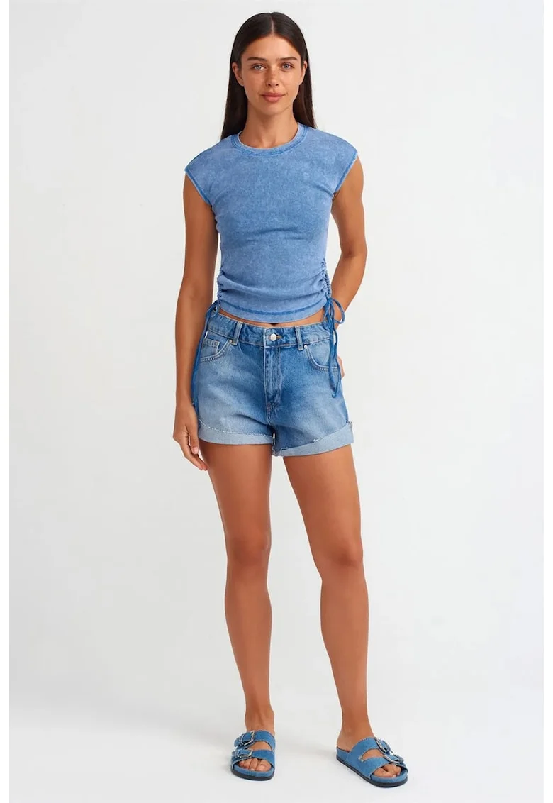 Pantaloni scurti dama,  denim albastru deschis, talie inalta, casual, 100% bumbac,