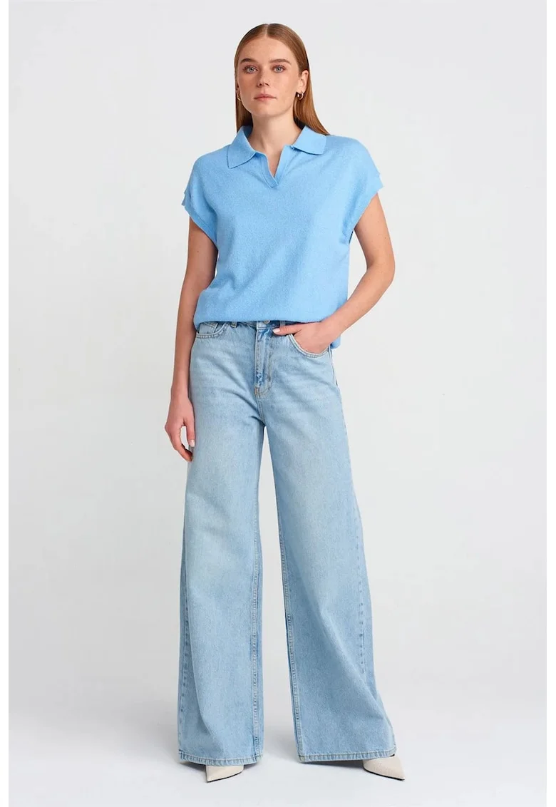 Blugi dama,  talie inalta, picior larg, denim albastru deschis 100% bumbac