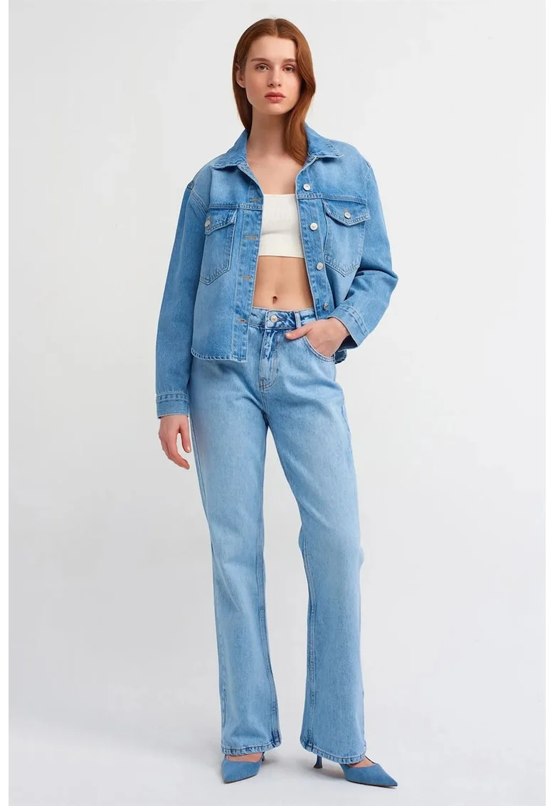Blugi dama,  evazati, talie joasa, denim albastru deschis-mediu, 100% bumbac
