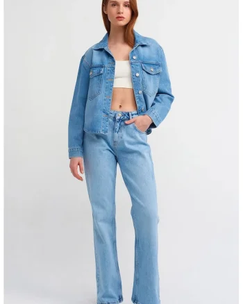Blugi dama,  evazati, talie joasa, denim albastru deschis-mediu, 100% bumbac