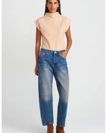 Blugi dama,  talie inalta, croiala larga, albastru mediu, denim