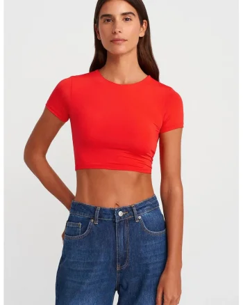 Tricou crop,  slim fit, elastic, rosu, poliamida cu elastan