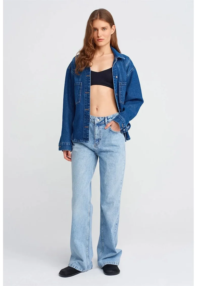 Blugi dama,  talie inalta, croiala larga, denim albastru deschis, 100% bumbac