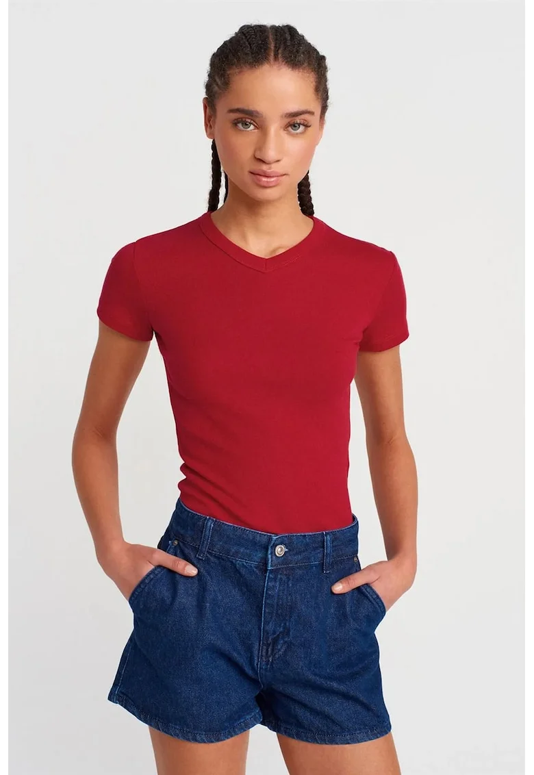 Tricou dama,  tricou slim fit, rosu caramiziu, bumbac