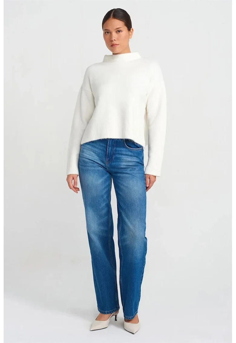 Blugi dama,  talie inalta, croiala dreapta, bumbac, denim albastru mediu