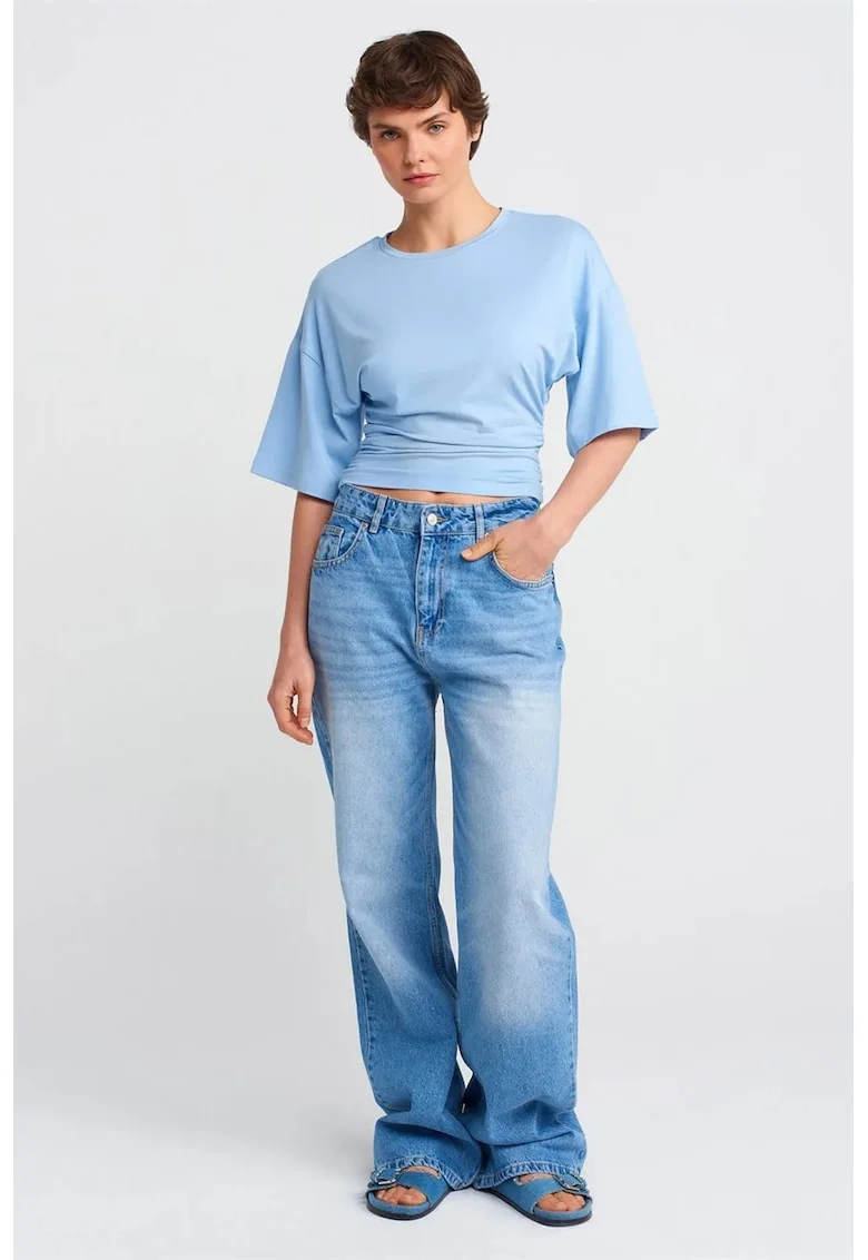 Blugi dama  talie inalta, croiala larga, denim albastru deschis-mediu, 100% bumbac