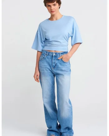 Blugi dama  talie inalta, croiala larga, denim albastru deschis-mediu, 100% bumbac