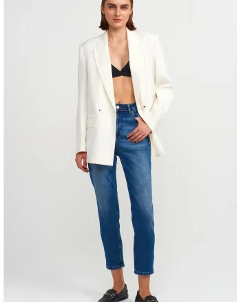 Blugi dama,  talie inalta, croiala dreapta slim, albastru mediu, Denim