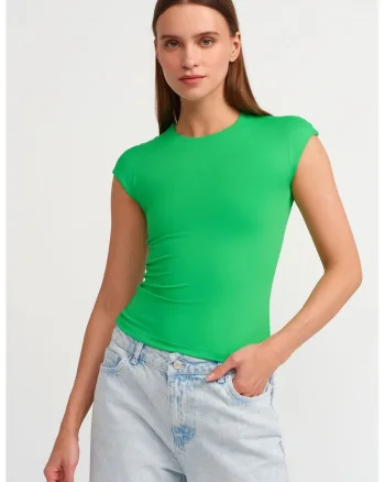 Tricouri dama,  tricou cu guler rotund, slim fit, verde, 90% nailon, 10% elastan