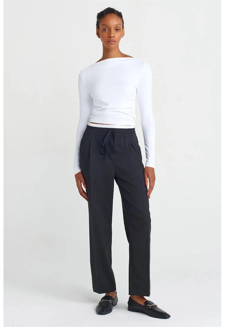 Pantaloni dama,  croiala larga, elasticitate, negru, tesatura creponata